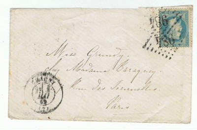 France 1869 Postal History Rare Cover + Content CHAUNY AISNE to PARIS D.703 foto