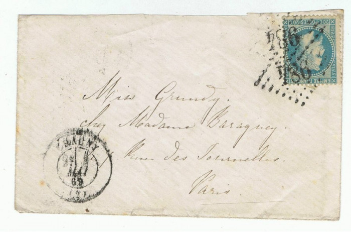France 1869 Postal History Rare Cover + Content CHAUNY AISNE to PARIS D.703