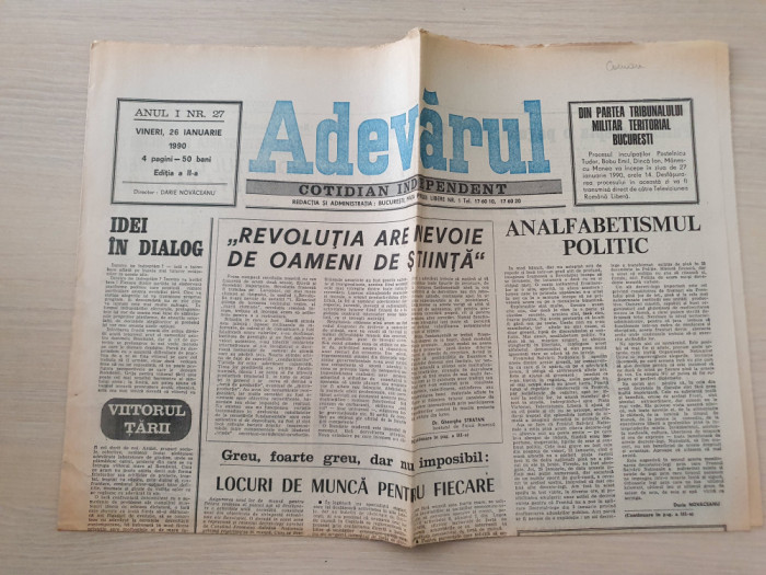 adevarul 26 ianuarie 1990-art. revolutia are nevoie de oameni si de stiinta