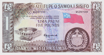 Bancnota Samoa de Vest 5 Pound ( 1963/ 2020 ) - P15b UNC ( reprint - serie W ) foto