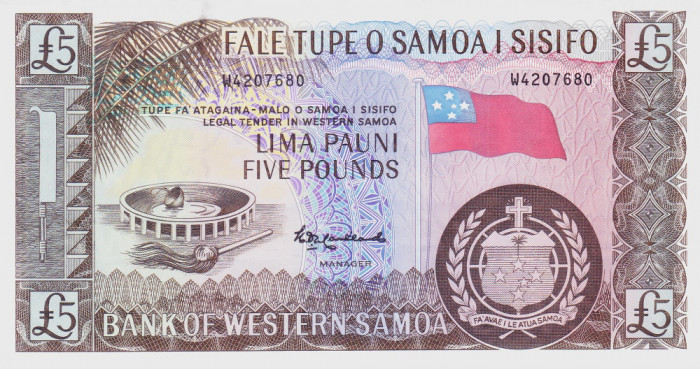 Bancnota Samoa de Vest 5 Pound ( 1963/ 2020 ) - P15b UNC ( reprint - serie W )