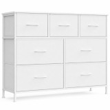 Comoda alba SONGMICS cu 7 sertare textile si blat solid, 99x30x74 cm