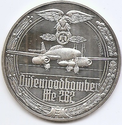 Germania Medalia al II-lea Război Mondial , Bombardier cu reacție ME 262 - Argint 35g/999, 50 mm, PP Proof, Md5, UNC !!!