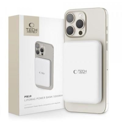 Baterie Externa Wireless Tech-Protect PB10 LifeMag, 5000mAh, 15W, PD + FQI, 1 x QI - 1 x USB-C, Alba foto