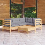 Cumpara ieftin Set mobilier grădină cu perne gri, 5 piese, lemn masiv de pin
