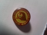INSIGNA PIONIERI - PRIETEN AL POMPIERILOR - FRUNTAS , metal si email , d=2cm