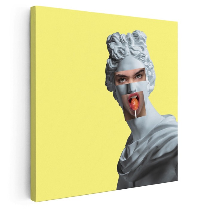 Tablou pop art colaj cap femeie in statuie, galben, gri 1401 Tablou canvas pe panza CU RAMA 60x60 cm