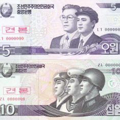 Bancnota Coreea de Nord 5 si 10 Won 2002 - P58/59 SPECIMEN ( set x2 )