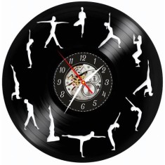 Ceas de perete din disc vinil, Tematică Gimnastică / Artistic Gymnastics, Design Sportiv cu Siluete Gimnaste, Negru, 30 cm