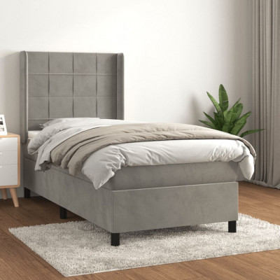 vidaXL Pat box spring cu saltea, gri deschis, 90x190 cm, catifea foto