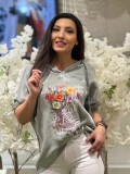 Bluza dama kaki lejera din bumbac cu gluga si imprimeu flori