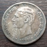 (A658) MONEDA DIN ARGINT SPANIA - 5 PESETAS 1878 EMM, REGELE ALFONSO XII, PATINA, Europa