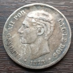 (A658) MONEDA DIN ARGINT SPANIA - 5 PESETAS 1878 EMM, REGELE ALFONSO XII, PATINA