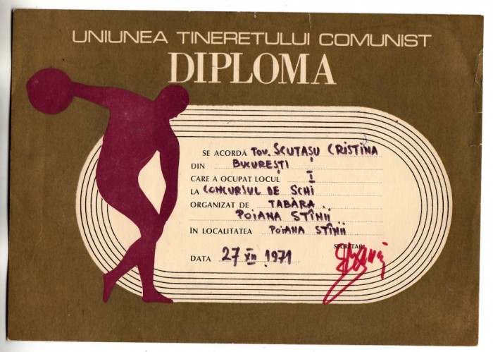 QW13 11 - 1971 - diploma - sport - locul I schi - Poiana Stinii