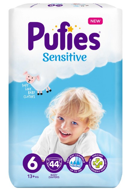 Scutece Pufies Sensitive, 6 Extra Large, Maxi Pack, 13+ kg, 44 buc