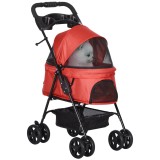 PawHut Cărucior buggy pliabil c&acirc;ine pisică coș depozitare suporturi pahare țesătură Oxford 300D impermeabilă 4 roți roșu | Aosom Romania