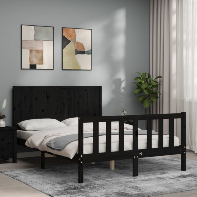 vidaXL Cadru de pat cu tăblie dublu mic, negru, lemn masiv foto
