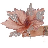 Set 5 ornamente pentru brad Poinsettia 26 cm, roz argintiu cu clips