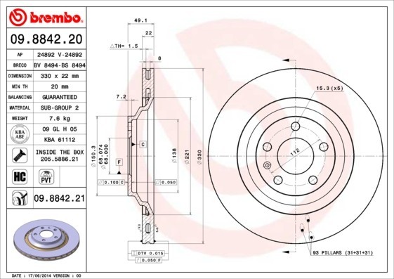 BREMBO 09.8842.21 PRIME LINE - UV Coatedisc frana