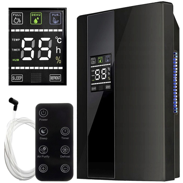 Dezumidificator si Purificator de Aer 2-in-1, Afisaj Temperatura/Umiditate, Randament 650ml/zi, Putere 90W, Anti-Mucegai, Telecomanda, Negru
