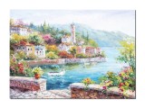 Cumpara ieftin Tablou pictat manual lacul Como Italia, Colt de rai, 70x50cm ulei pe panza in cutit efect 3D, Vali Pop