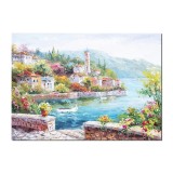 Tablou pictat manual lacul Como Italia, Colt de rai, 70x50cm ulei pe panza in cutit efect 3D, Vali Pop