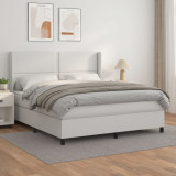 VidaXL Pat box spring cu saltea, alb, 160x200 cm, piele ecologică