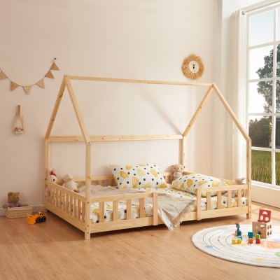 Pat Copii Sisimiut tip Casuta Montessori cu Protectie Impotriva Caderilor, Dimensiuni 200x120cm, Lemn de Brad, Culoare Lemn Natur foto
