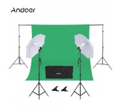 Kit studio foto,lumini,2 umbrele,suport fundal 2,6x3m,2x bec 135W,panza verde + geanta transport foto