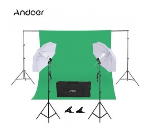 Kit studio foto,lumini,2 umbrele,suport fundal 2,6x3m,2x bec 135W,panza verde + geanta transport