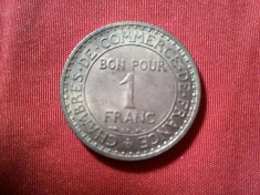 Moneda Franta 1 Franc 1922 bronz Necirculat , A 3a Republica , revers Mercur