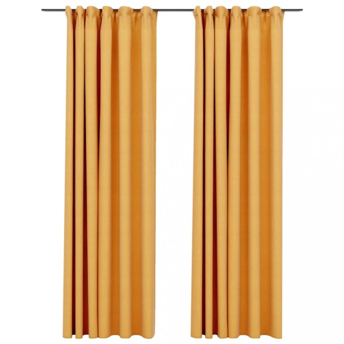 Draperii opace aspect in, carlige, 2 buc., galben, 140x245 cm