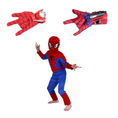 Set costum Spiderman si doua lansatoare cu discuri si ventuze plastic pentru copii 7-9 ani 120-130 cm foto