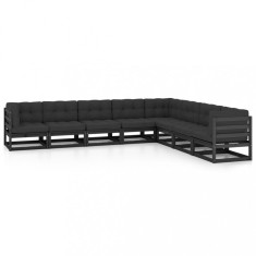 vidaXL Set mobilier grădină cu perne, 8 piese, negru, lemn masiv pin 3076888