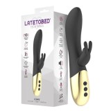 Vibrator LATETOBED Leums Silicone Rabbit, cu stimulator dublu, funcție de &icirc;ncălzire, 10 funcții de vibrație, negru cu auriu