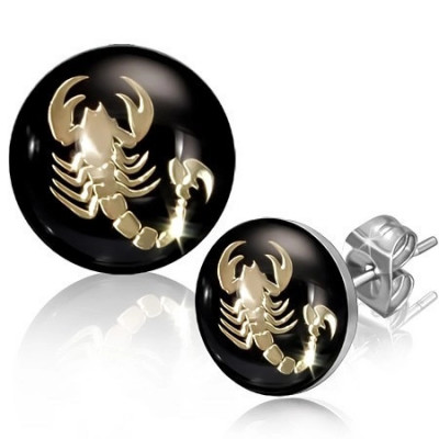Cercei cu șurub din oțel, scorpion auriu pe un fond negru foto
