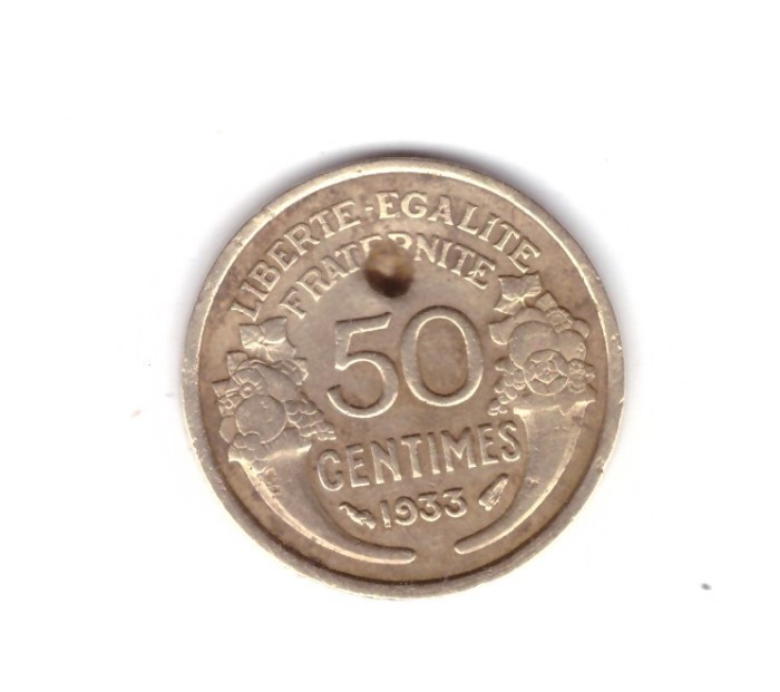 Moneda Franta 50 centimes 1933, 9 deschis, incercare de perforare, curata