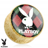 Plug pentru ureche realizat din bambus, iepurașul Playboy pe bază cadrilată - Lățime: 16 mm