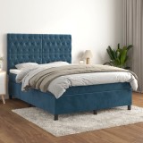 VidaXL Pat box spring cu saltea, albastru &icirc;nchis, 140x200 cm, catifea