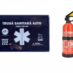 Kit siguranta rutiera - Trusa medicala auto prim ajutor + Stingator 1kg OMC