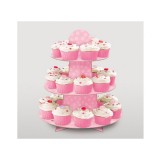 Suport cupcake pentru prajituri, 3 niveluri, Rotund, din Carton, roz pastel