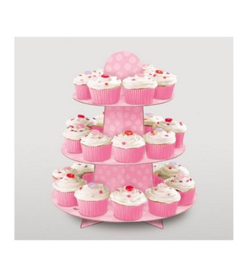 Suport cupcake pentru prajituri, 3 niveluri, Rotund, din Carton, roz pastel foto