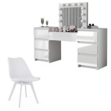 Set masa de toaleta/machiaj Antonia + scaun Mark, alb, sertare lucioase, cu oglinda si LED-uri, 155x42x135 cm GartenVIP DiyLine