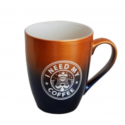 Cana ceramica Pufo Need Coffee, pentru ceai, cafea, suc, 360 ml, galben/albastru foto
