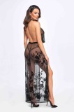 Divinity long flocked mesh dress with open back - M