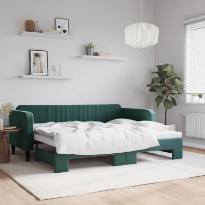 vidaXL Pat de zi cu extensie, verde &amp;icirc;nchis, 90x200 cm, catifea 3197065 foto