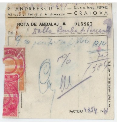 Romania, P. Andreescu Fii, Bon pentru ambalaj, Craiova, 1947 foto