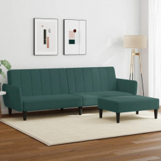 Canapea extensibila cu taburet, 2 locuri, verde inchis, catifea foto