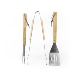 Set 3 Ustensile Gratar Mirpol Otel Inoxidabil Manere Lemn 38cm Argintiu