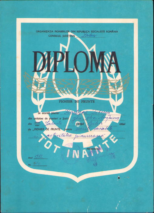 HST P2/159 Diplomă pionier de frunte 1972 Salonta Bihor